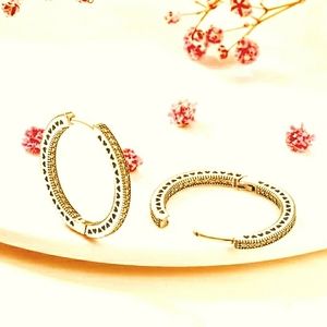 .925 Sterling: 14k gold plated pave hoops with heart pattern; NWOT